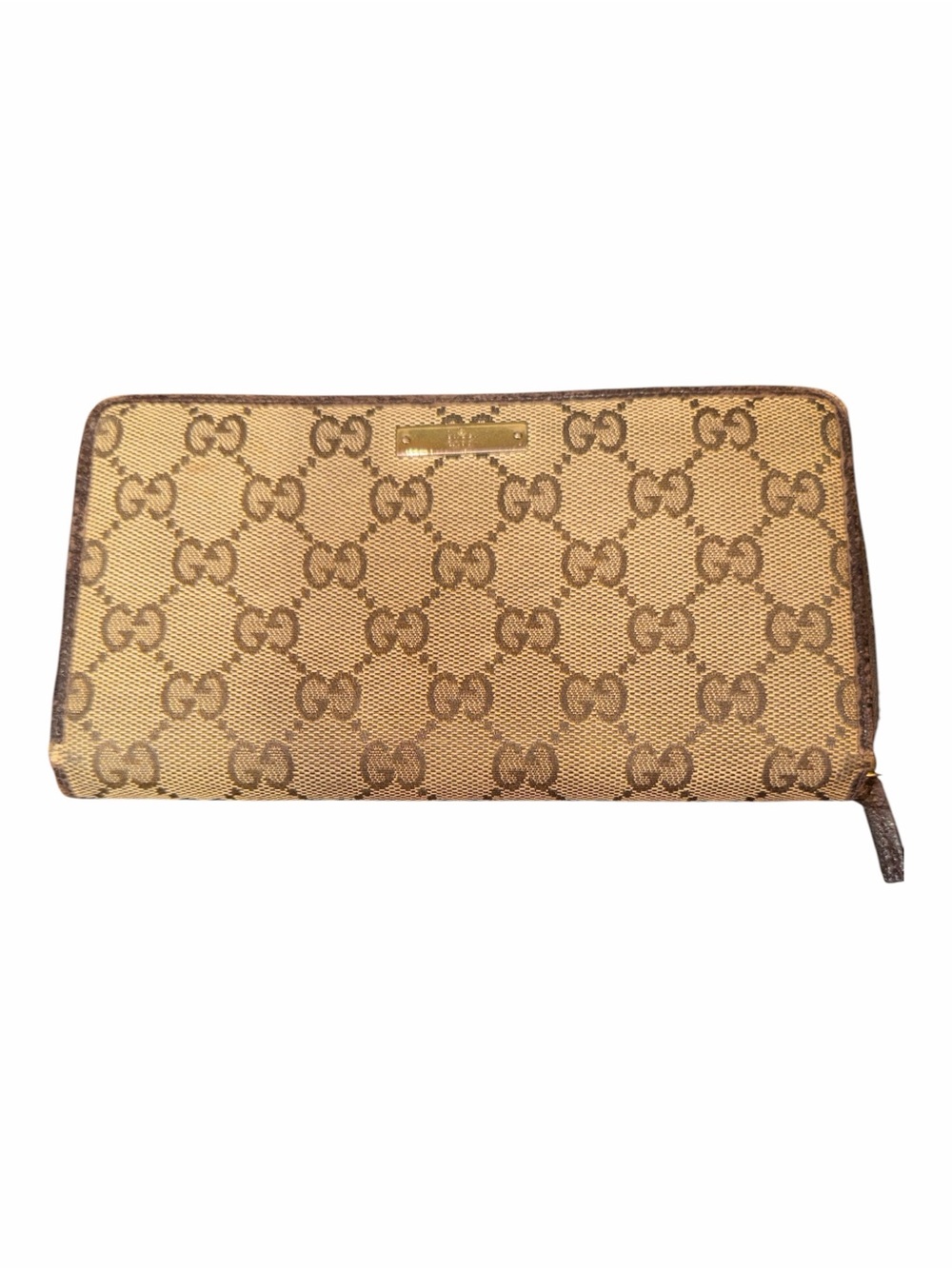 Gucci GG Canvas Zip Around Continental Wallet Metal Plaque 112724
